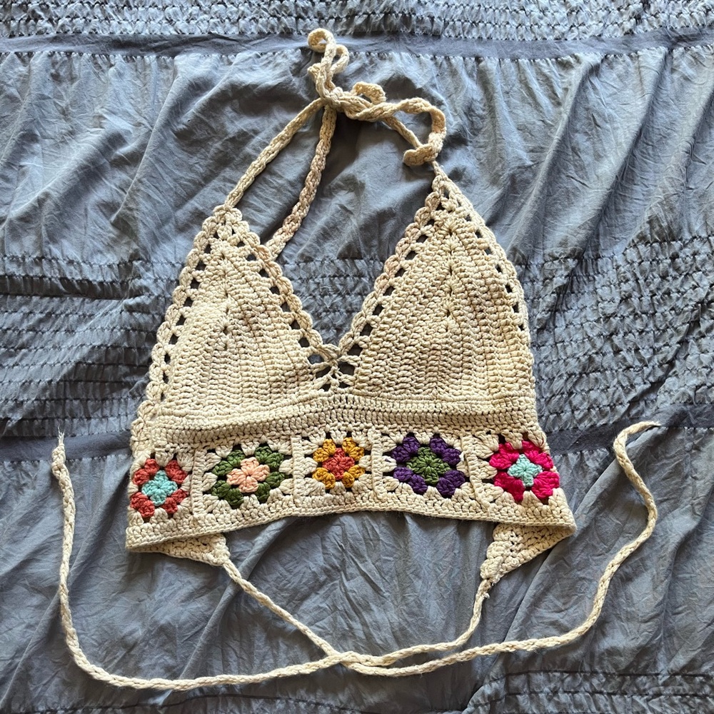 WoWo Bohemian Crochet Tie Up Top, Swimsuit Cover, Halter Croptop, Tropical Vacay